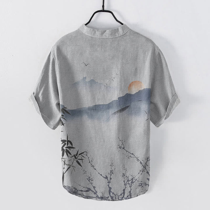 Buddha Stones Chemise à manches courtes pour homme, motif soleil et montagne, encre de coton - image 6