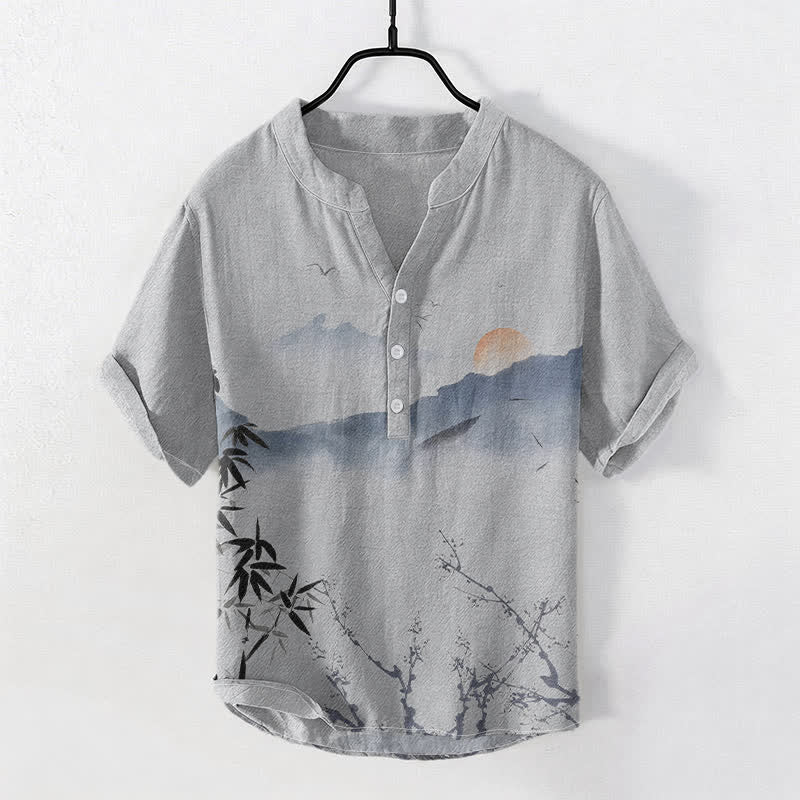 Buddha Stones Chemise à manches courtes pour homme, motif soleil et montagne, encre de coton - Gris clair - US/UK/AU50，EU60 (5XL) - image 5