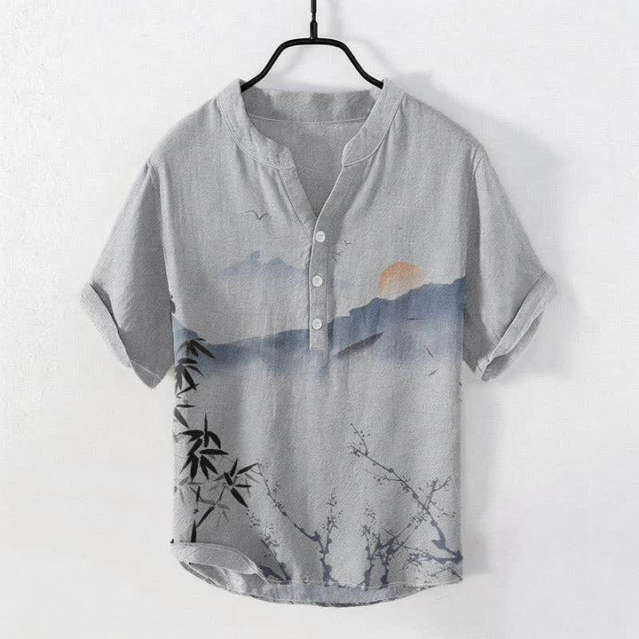 Buddha Stones Chemise à manches courtes pour homme, motif soleil et montagne, encre de coton - Gris clair - US/UK/AU50，EU60 (5XL) - image 5
