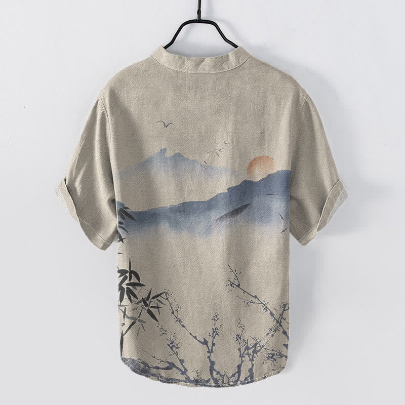 Buddha Stones Chemise à manches courtes pour homme, motif soleil et montagne, encre de coton - image 4
