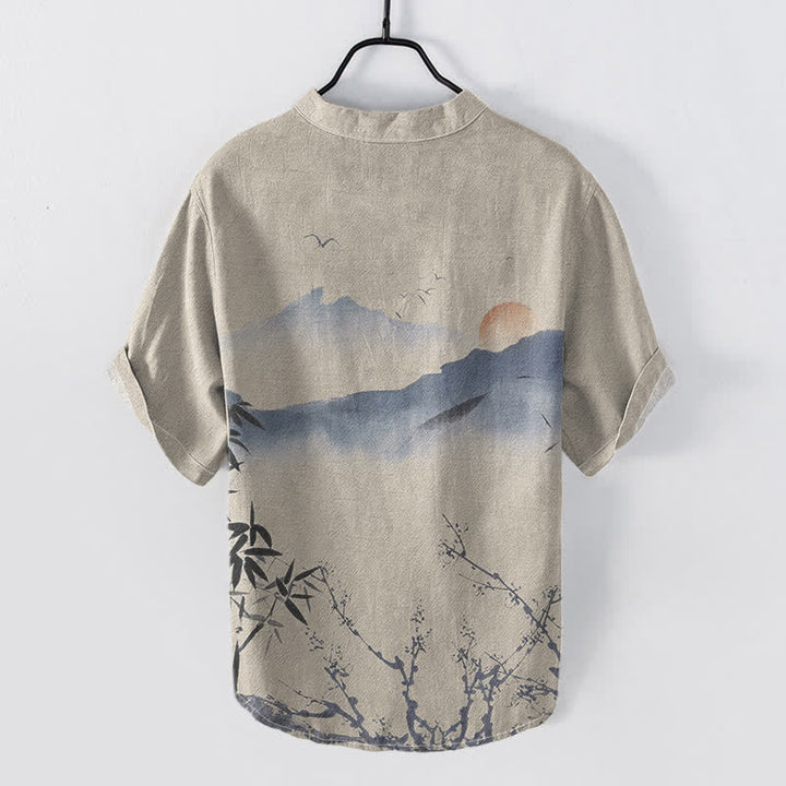 Buddha Stones Chemise à manches courtes pour homme, motif soleil et montagne, encre de coton - image 4