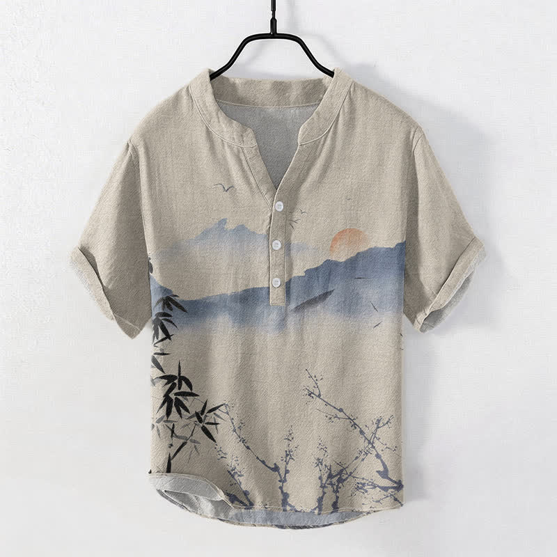 Buddha Stones Chemise à manches courtes pour homme, motif soleil et montagne, encre de coton - Tanné - US/UK/AU50，EU60 (5XL) - image 3