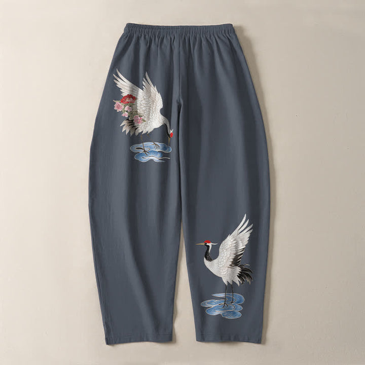 Buddha Stones Pantalon fuselé pour homme en pur coton rouge à motif de grue couronnée et cordon de serrage, avec poches - image 3