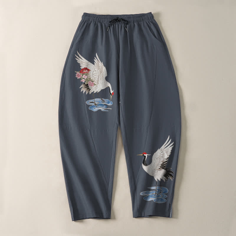 Buddha Stones Pantalon fuselé pour homme en pur coton rouge à motif de grue couronnée et cordon de serrage, avec poches - image 2