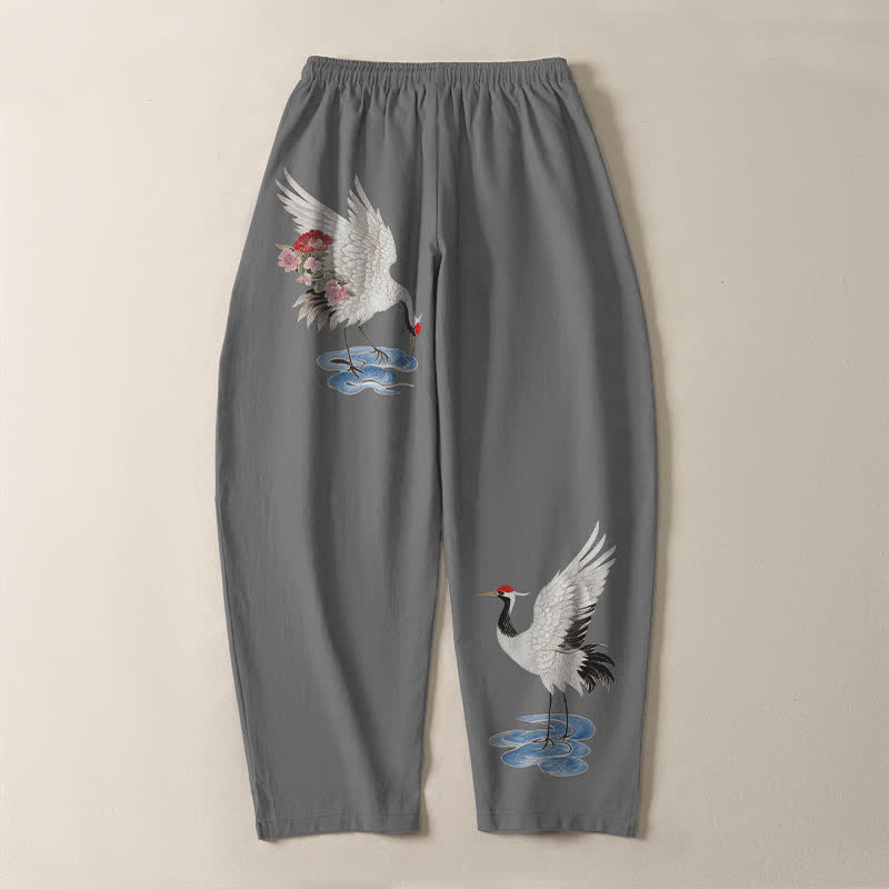 Buddha Stones Pantalon fuselé pour homme en pur coton rouge à motif de grue couronnée et cordon de serrage, avec poches - image 10