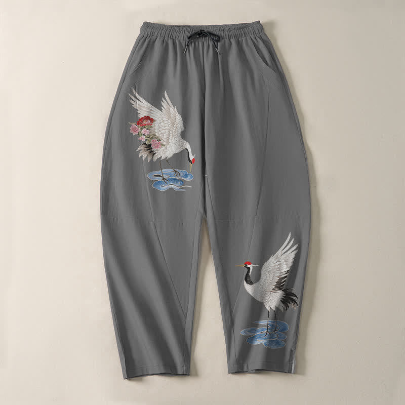 Buddha Stones Pantalon fuselé pour homme en pur coton rouge à motif de grue couronnée et cordon de serrage, avec poches - image 9