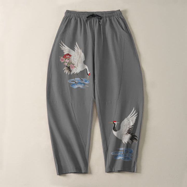 Buddha Stones Pantalon fuselé pour homme en pur coton rouge à motif de grue couronnée et cordon de serrage, avec poches - image 9