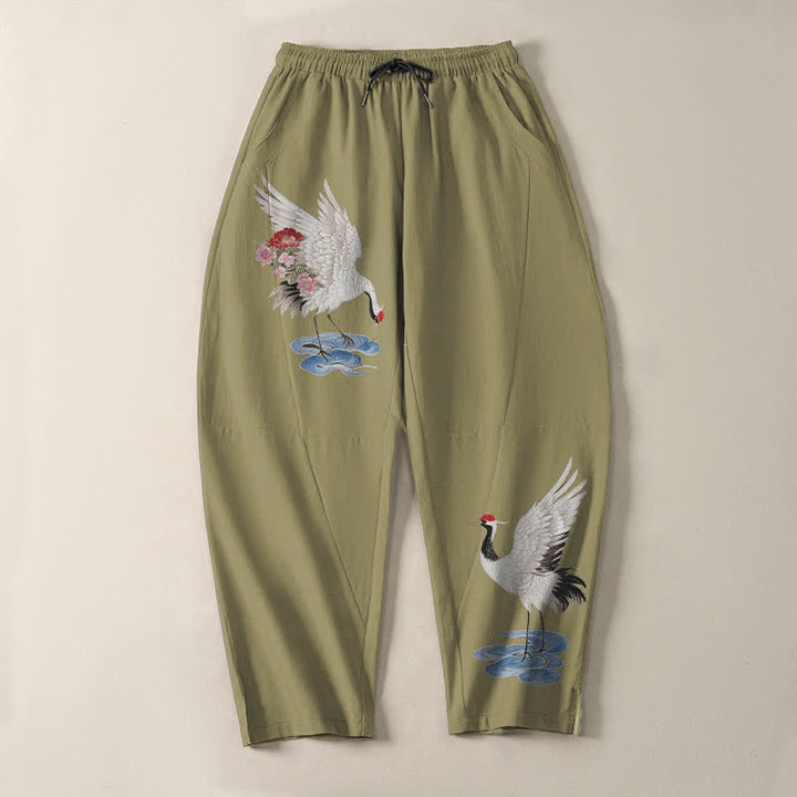 Buddha Stones Pantalon fuselé pour homme en pur coton rouge à motif de grue couronnée et cordon de serrage, avec poches - image 13