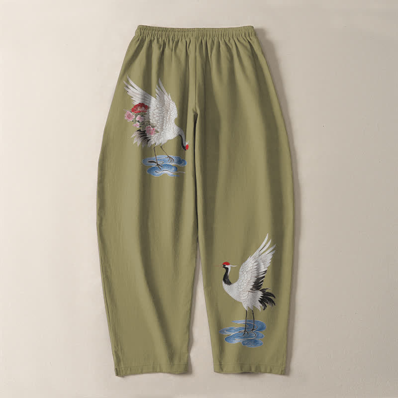 Buddha Stones Pantalon fuselé pour homme en pur coton rouge à motif de grue couronnée et cordon de serrage, avec poches - image 14