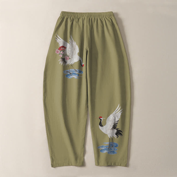 Buddha Stones Pantalon fuselé pour homme en pur coton rouge à motif de grue couronnée et cordon de serrage, avec poches - image 14