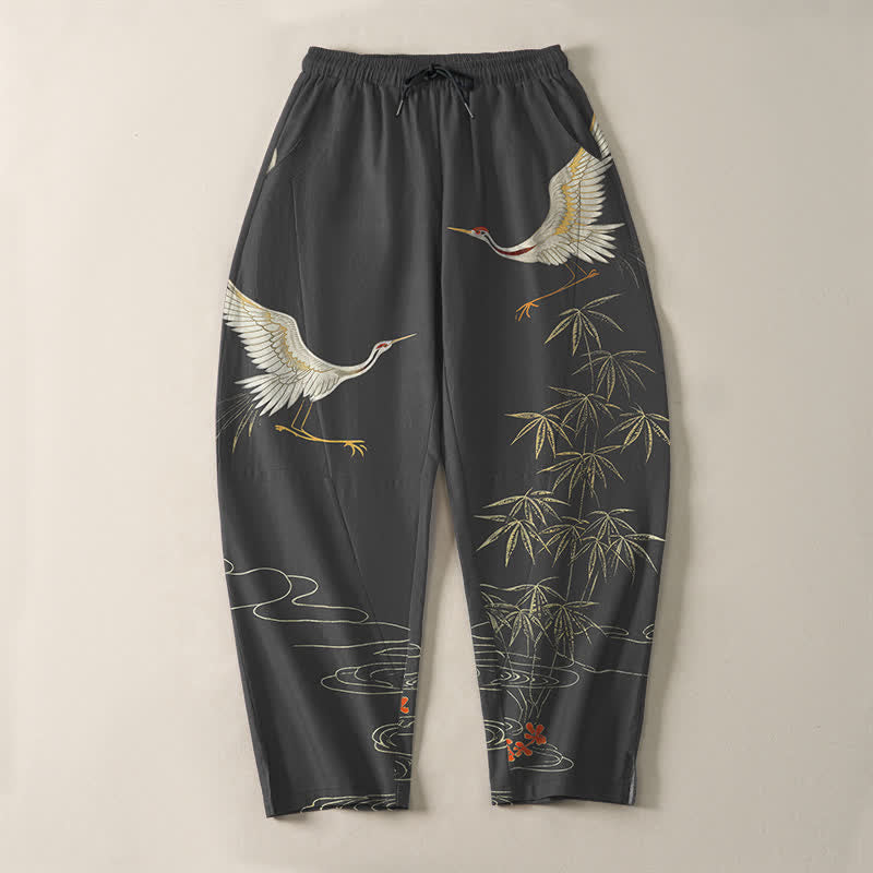 Buddha Stones Pantalon fuselé pour homme en pur coton, motif vagues de bambou et grues, cordon de serrage et poches - image 2