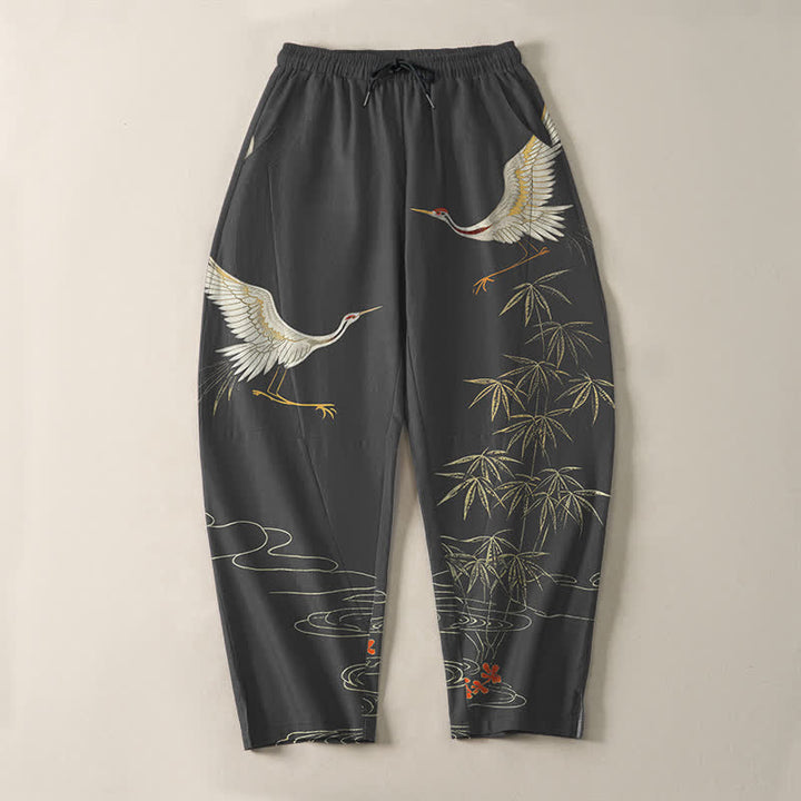 Buddha Stones Pantalon fuselé pour homme en pur coton, motif vagues de bambou et grues, cordon de serrage et poches - image 2