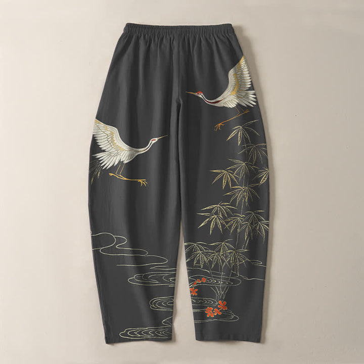 Buddha Stones Pantalon fuselé pour homme en pur coton, motif vagues de bambou et grues, cordon de serrage et poches - image 3