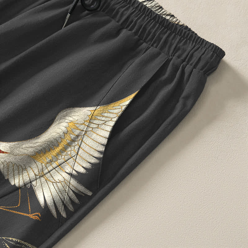 Buddha Stones Pantalon fuselé pour homme en pur coton, motif vagues de bambou et grues, cordon de serrage et poches - image 4