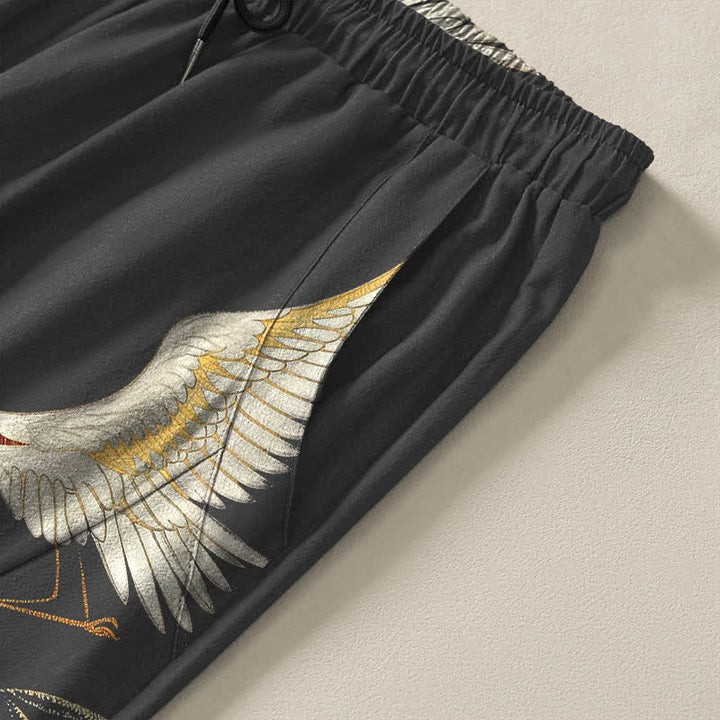 Buddha Stones Pantalon fuselé pour homme en pur coton, motif vagues de bambou et grues, cordon de serrage et poches - image 4