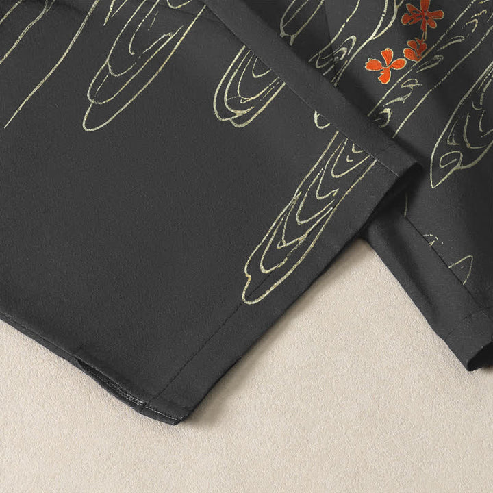 Buddha Stones Pantalon fuselé pour homme en pur coton, motif vagues de bambou et grues, cordon de serrage et poches - image 5