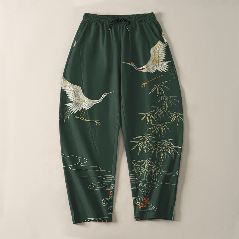 Buddha Stones Pantalon fuselé pour homme en pur coton, motif vagues de bambou et grues, cordon de serrage et poches - image 13