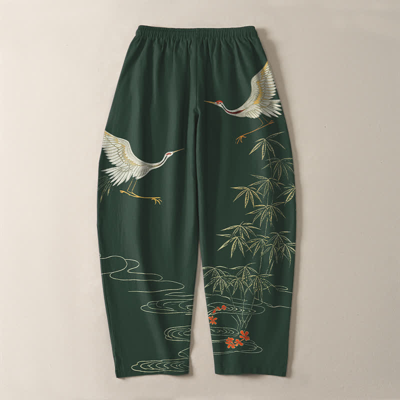 Buddha Stones Pantalon fuselé pour homme en pur coton, motif vagues de bambou et grues, cordon de serrage et poches - image 14