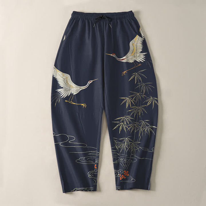 Buddha Stones Pantalon fuselé pour homme en pur coton, motif vagues de bambou et grues, cordon de serrage et poches - image 9