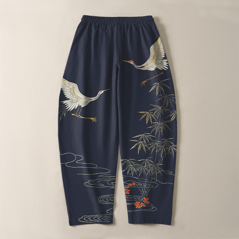 Buddha Stones Pantalon fuselé pour homme en pur coton, motif vagues de bambou et grues, cordon de serrage et poches - image 10