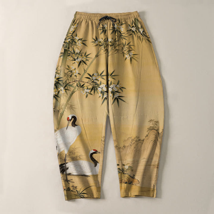 Buddha Stones Pantalon fuselé pour homme en pur coton avec cordon de serrage et poches, motif paysage de bambou et grues. - image 2