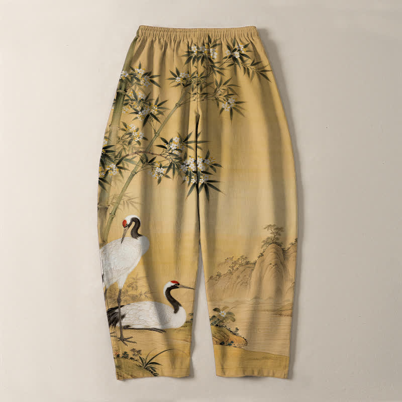 Buddha Stones Pantalon fuselé pour homme en pur coton avec cordon de serrage et poches, motif paysage de bambou et grues. - image 3