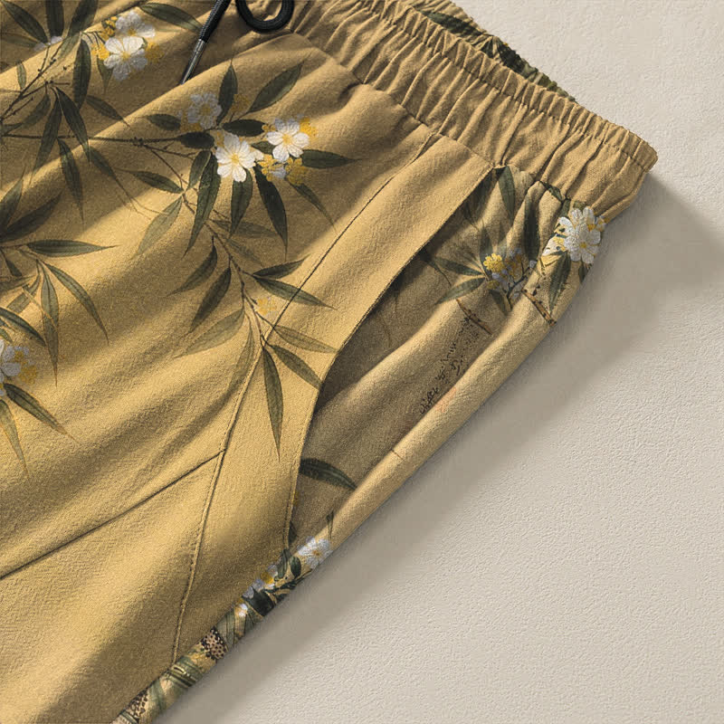 Buddha Stones Pantalon fuselé pour homme en pur coton avec cordon de serrage et poches, motif paysage de bambou et grues. - image 4