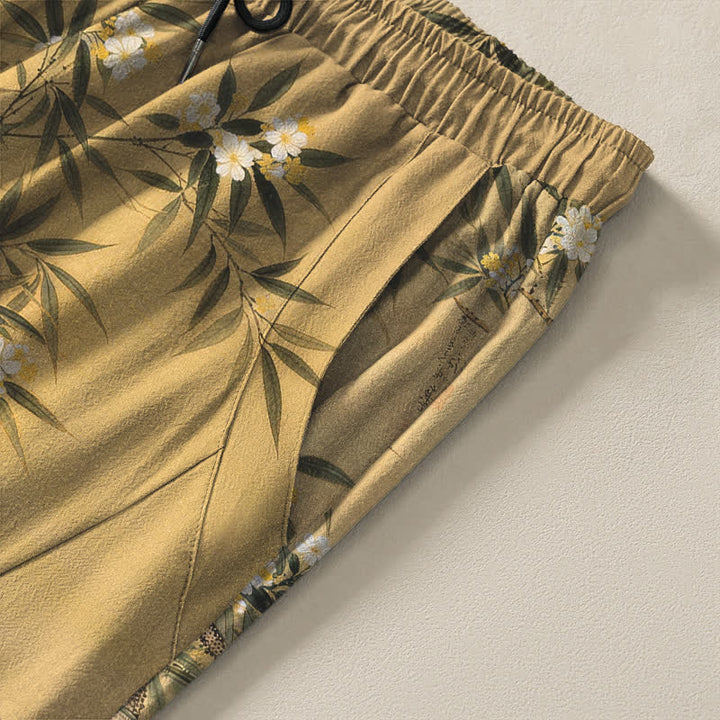 Buddha Stones Pantalon fuselé pour homme en pur coton avec cordon de serrage et poches, motif paysage de bambou et grues. - image 4