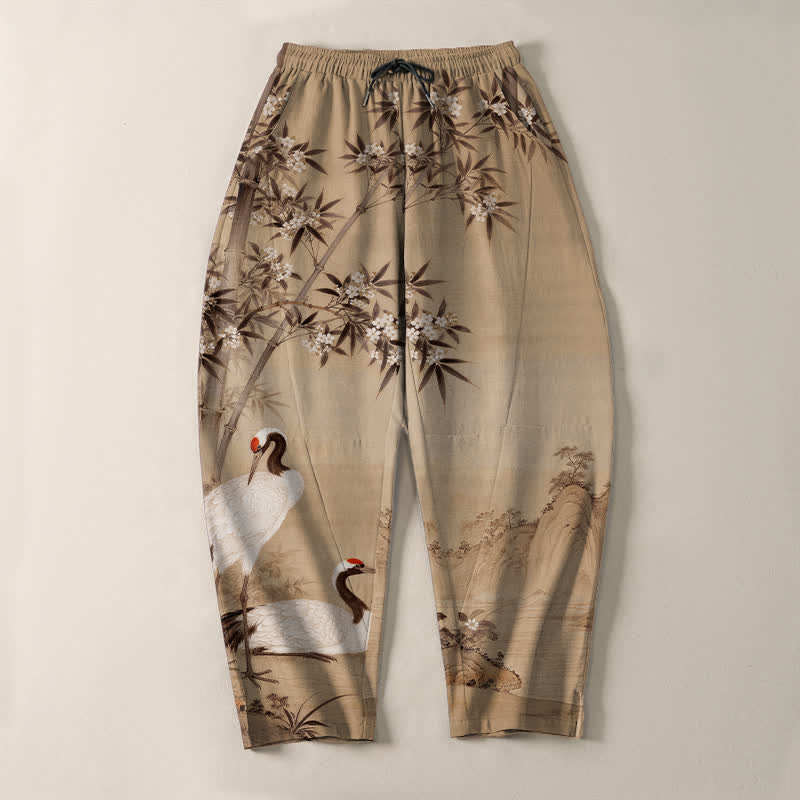 Buddha Stones Pantalon fuselé pour homme en pur coton avec cordon de serrage et poches, motif paysage de bambou et grues. - image 9