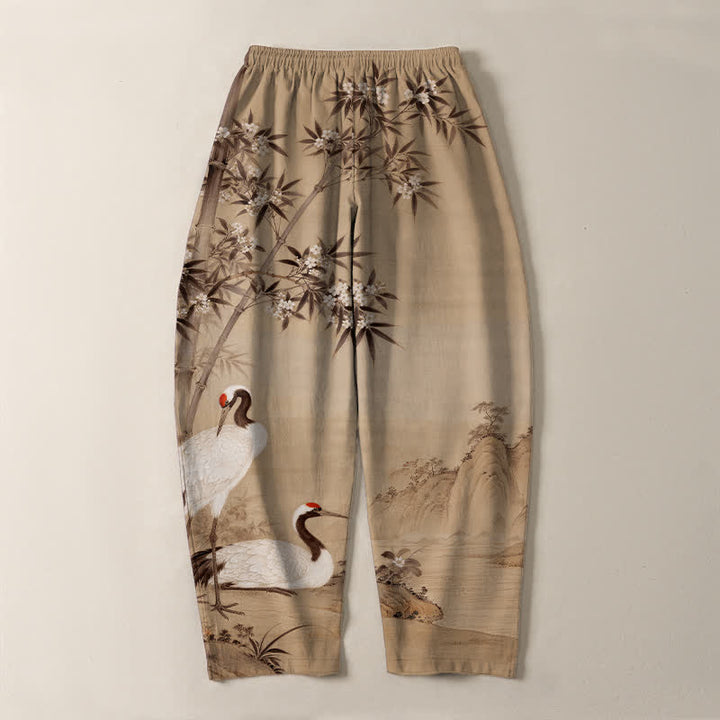Buddha Stones Pantalon fuselé pour homme en pur coton avec cordon de serrage et poches, motif paysage de bambou et grues. - image 10