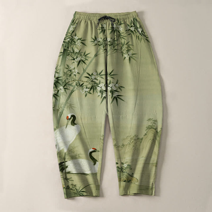 Buddha Stones Pantalon fuselé pour homme en pur coton avec cordon de serrage et poches, motif paysage de bambou et grues. - image 13