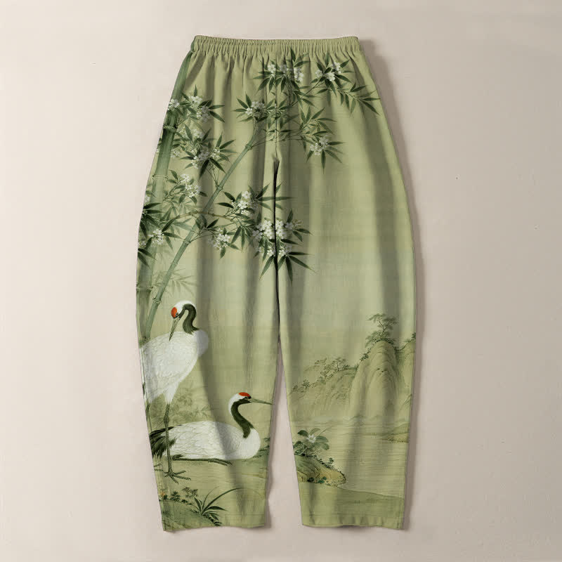 Buddha Stones Pantalon fuselé pour homme en pur coton avec cordon de serrage et poches, motif paysage de bambou et grues. - image 14