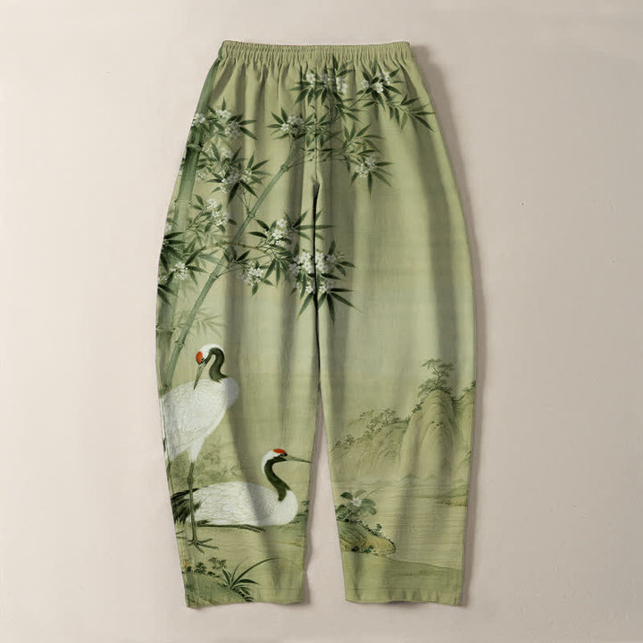 Buddha Stones Pantalon fuselé pour homme en pur coton avec cordon de serrage et poches, motif paysage de bambou et grues. - image 14