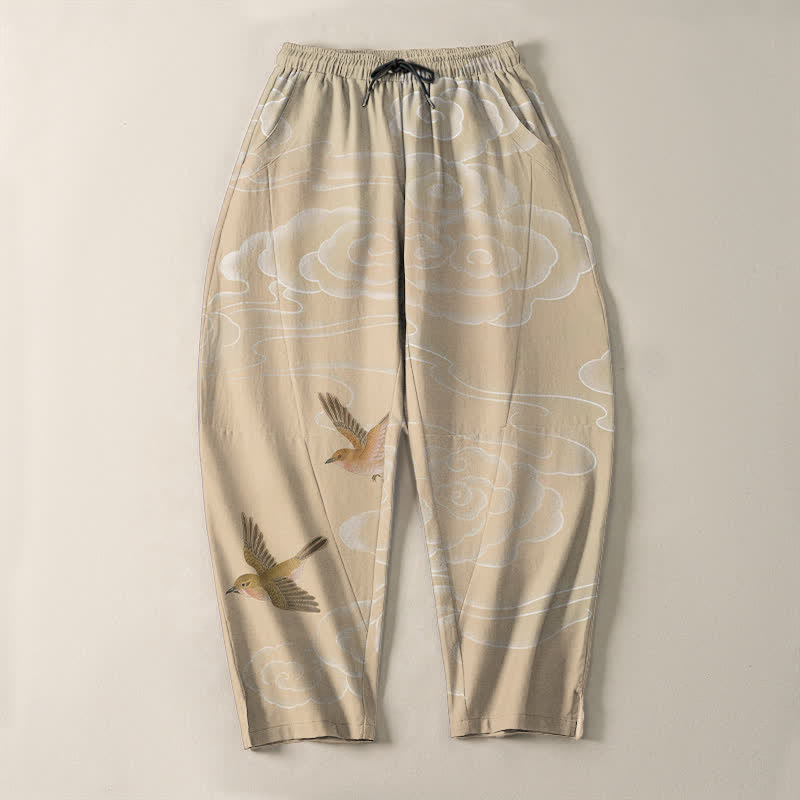 Buddha Stones Pantalon fuselé pour homme en pur coton, motif oiseau nuageux porte-bonheur, cordon de serrage et poches - image 2