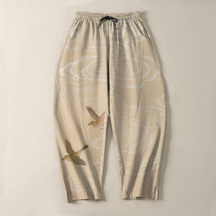 Buddha Stones Pantalon fuselé pour homme en pur coton, motif oiseau nuageux porte-bonheur, cordon de serrage et poches - image 2