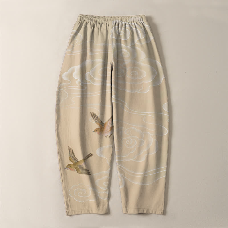 Buddha Stones Pantalon fuselé pour homme en pur coton, motif oiseau nuageux porte-bonheur, cordon de serrage et poches - image 3