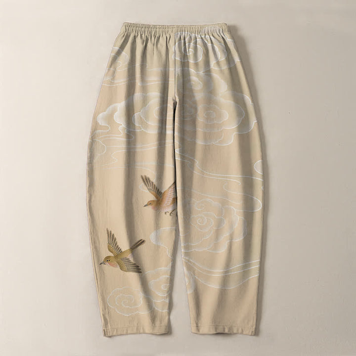 Buddha Stones Pantalon fuselé pour homme en pur coton, motif oiseau nuageux porte-bonheur, cordon de serrage et poches - image 3