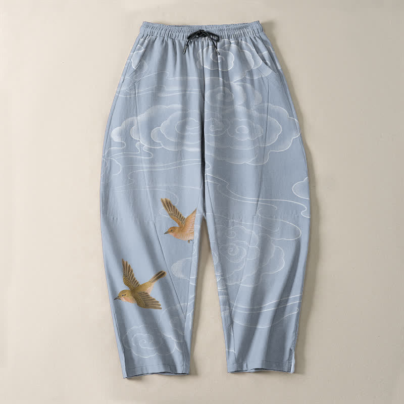 Buddha Stones Pantalon fuselé pour homme en pur coton, motif oiseau nuageux porte-bonheur, cordon de serrage et poches - image 9
