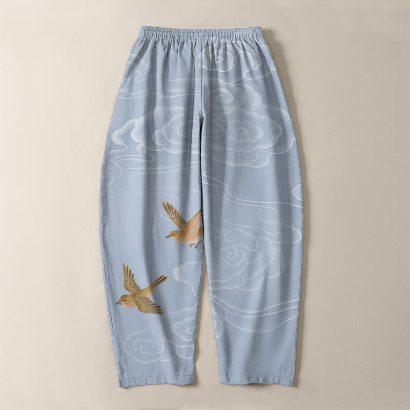 Buddha Stones Pantalon fuselé pour homme en pur coton, motif oiseau nuageux porte-bonheur, cordon de serrage et poches - image 10