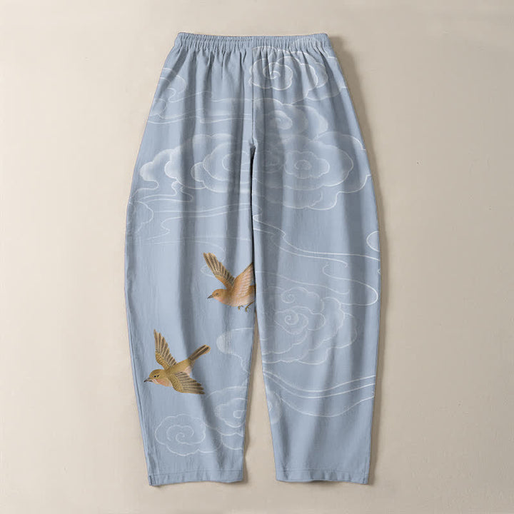 Buddha Stones Pantalon fuselé pour homme en pur coton, motif oiseau nuageux porte-bonheur, cordon de serrage et poches - image 10