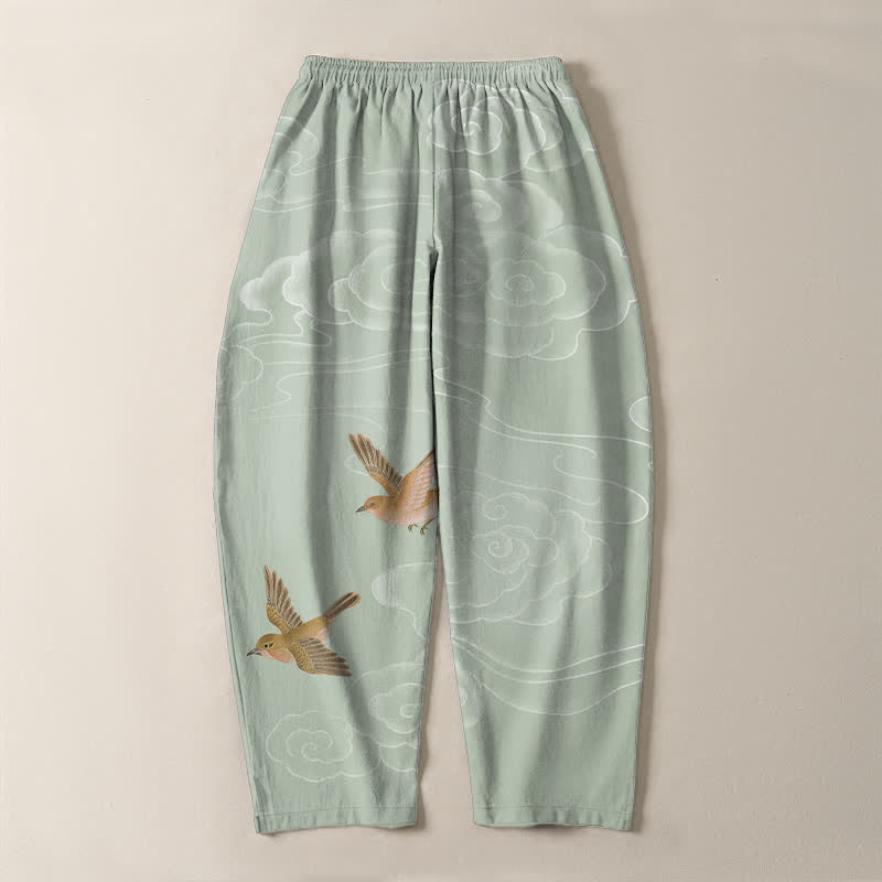 Buddha Stones Pantalon fuselé pour homme en pur coton, motif oiseau nuageux porte-bonheur, cordon de serrage et poches - image 14