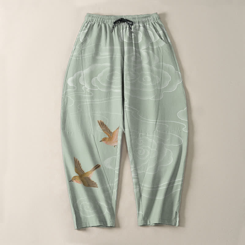 Buddha Stones Pantalon fuselé pour homme en pur coton, motif oiseau nuageux porte-bonheur, cordon de serrage et poches - image 13