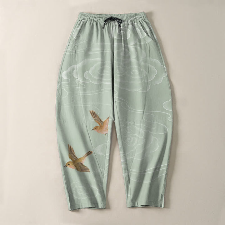 Buddha Stones Pantalon fuselé pour homme en pur coton, motif oiseau nuageux porte-bonheur, cordon de serrage et poches - image 13