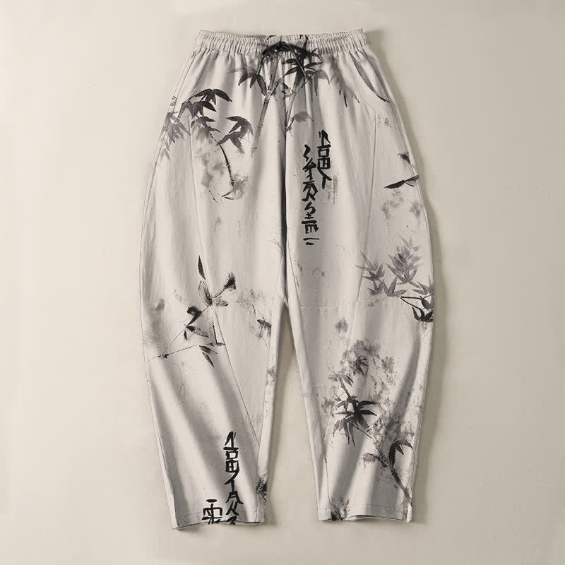 Buddha Stones Pantalon fuselé pour homme en pur coton avec cordon de serrage, motif calligraphie bambou et encre à l'encre, et poches. - image 2