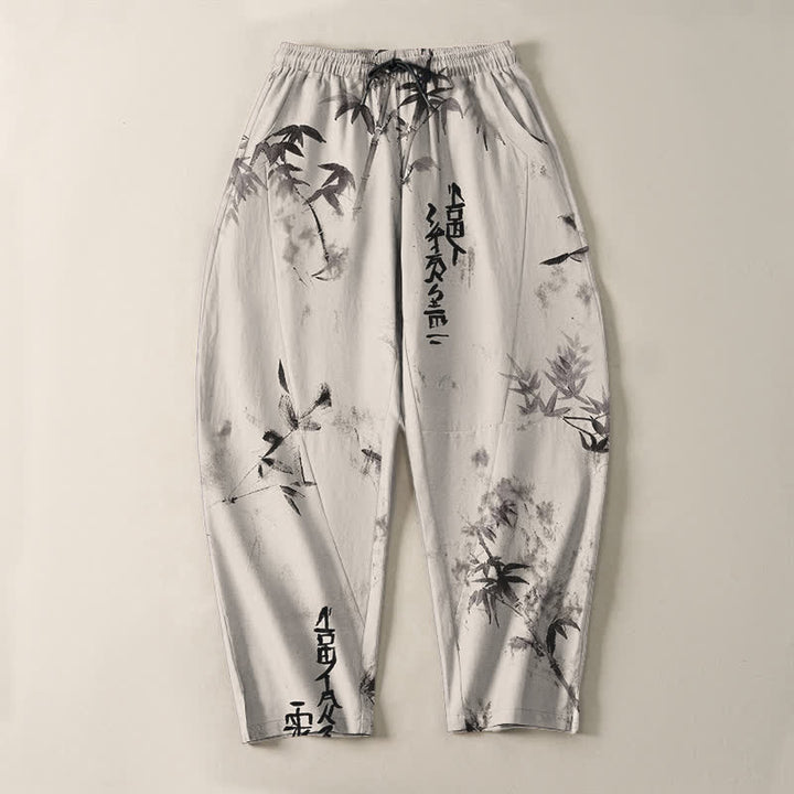 Buddha Stones Pantalon fuselé pour homme en pur coton avec cordon de serrage, motif calligraphie bambou et encre à l'encre, et poches. - image 2