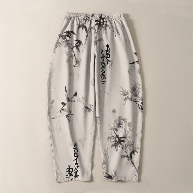 Buddha Stones Pantalon fuselé pour homme en pur coton avec cordon de serrage, motif calligraphie bambou et encre à l'encre, et poches. - image 3
