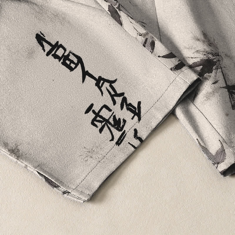 Buddha Stones Pantalon fuselé pour homme en pur coton avec cordon de serrage, motif calligraphie bambou et encre à l'encre, et poches. - image 5