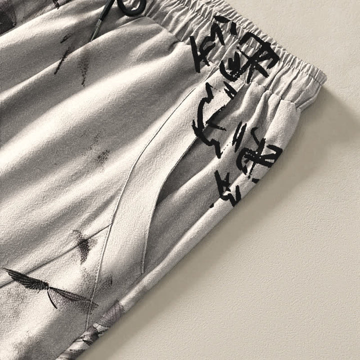 Buddha Stones Pantalon fuselé pour homme en pur coton avec cordon de serrage, motif calligraphie bambou et encre à l'encre, et poches. - image 4