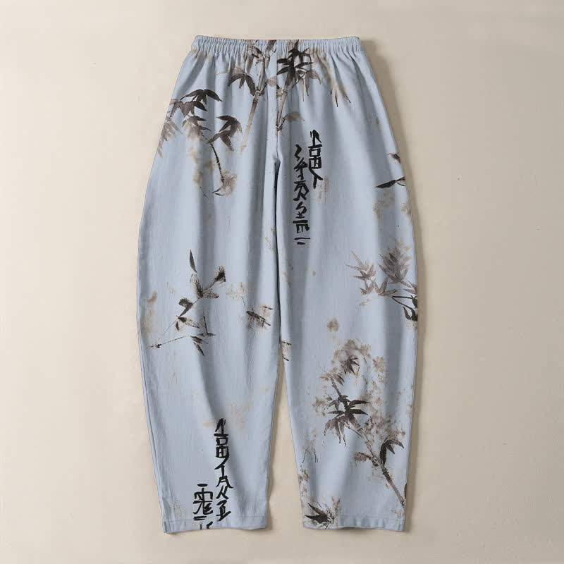 Buddha Stones Pantalon fuselé pour homme en pur coton avec cordon de serrage, motif calligraphie bambou et encre à l'encre, et poches. - image 10