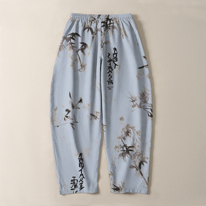 Buddha Stones Pantalon fuselé pour homme en pur coton avec cordon de serrage, motif calligraphie bambou et encre à l'encre, et poches. - image 10
